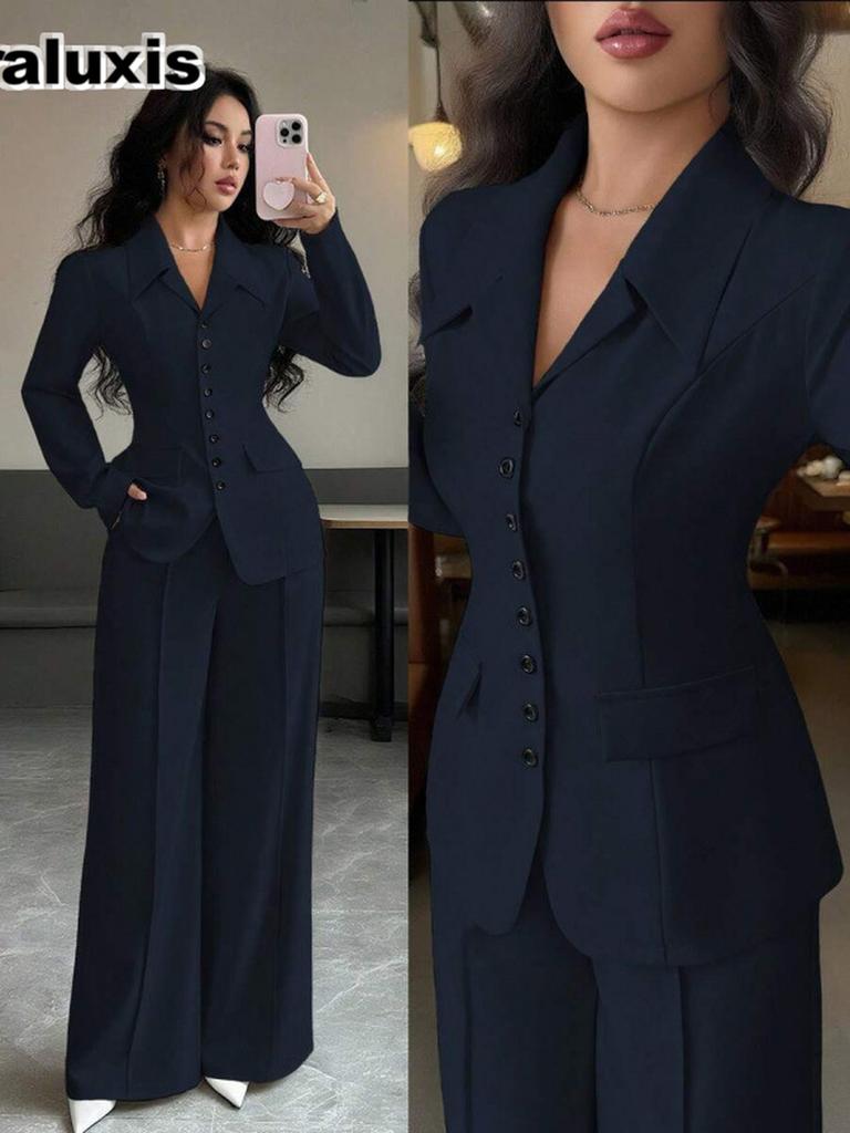 Autunno Elegante Collo Alto Manica Lunga Vestibilità Larga Gamba Dritta Pantaloni Set Due Pezzi Donna