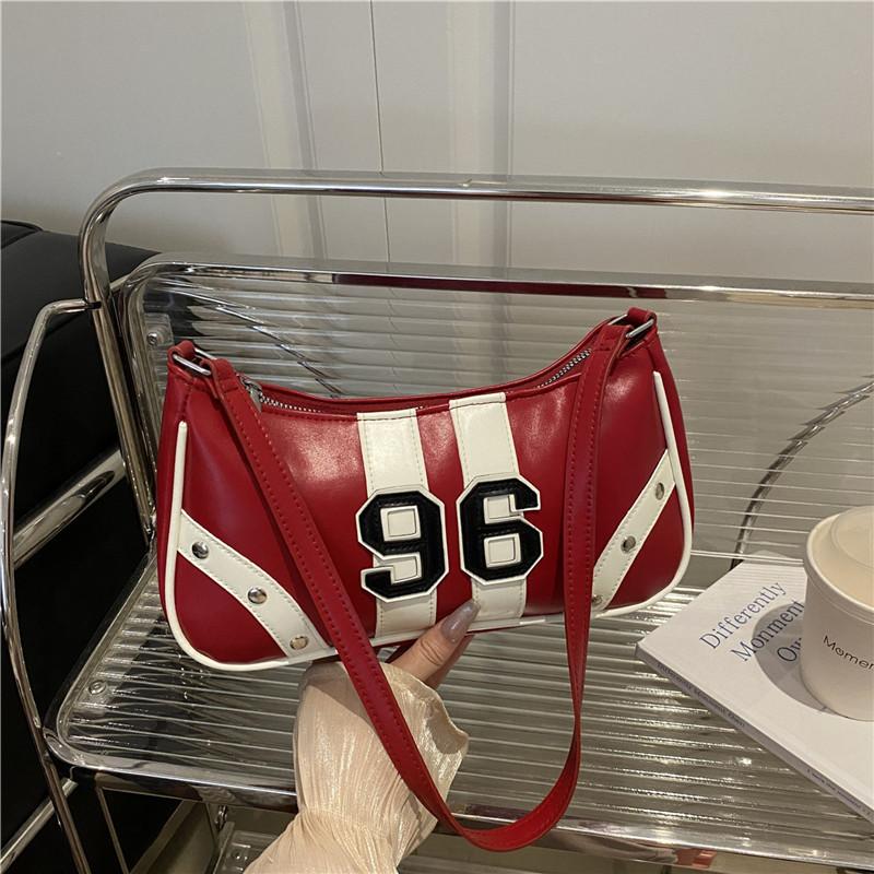 Y2K 96 Number Print Shoulder Bag, Retro Sporty Striped Hobo Purse, Casual Armpit Bag with Studded Detail for Streetwear & Daily