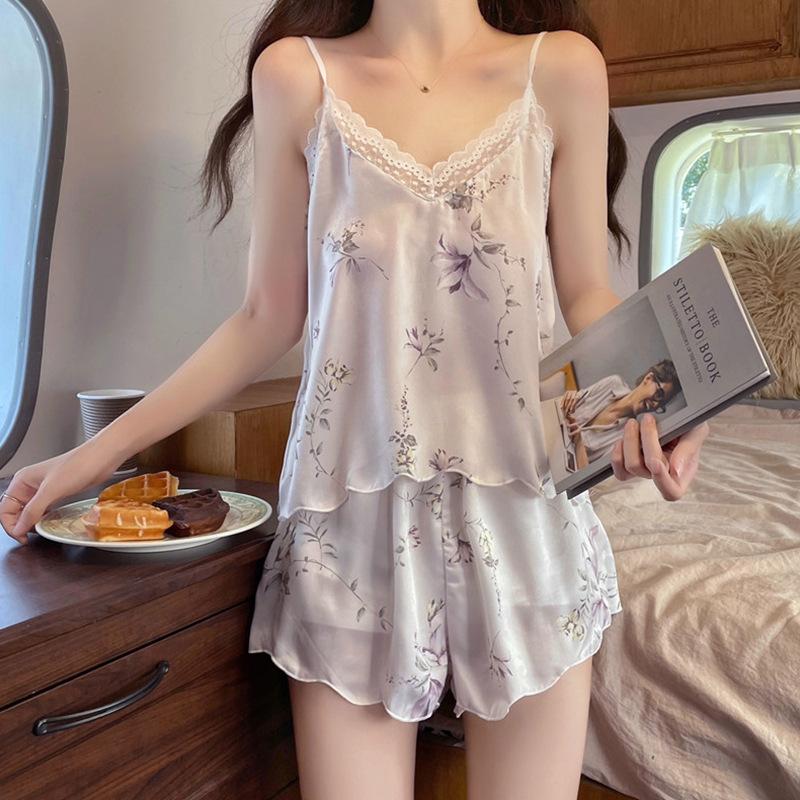 

Satin Silk Sexy Pajamas Women Lace Sling Shorts Interesting Seductive Simple Homewear Girl Sleepear Thin Pyjamas Summer Pijamas L for 47-57kg