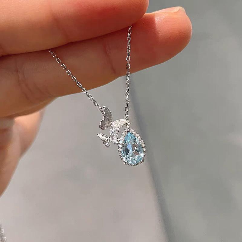 Hui Zhiyi S925 Silver Topaz Butterfly Necklace – Light Blue Teardrop Pendant