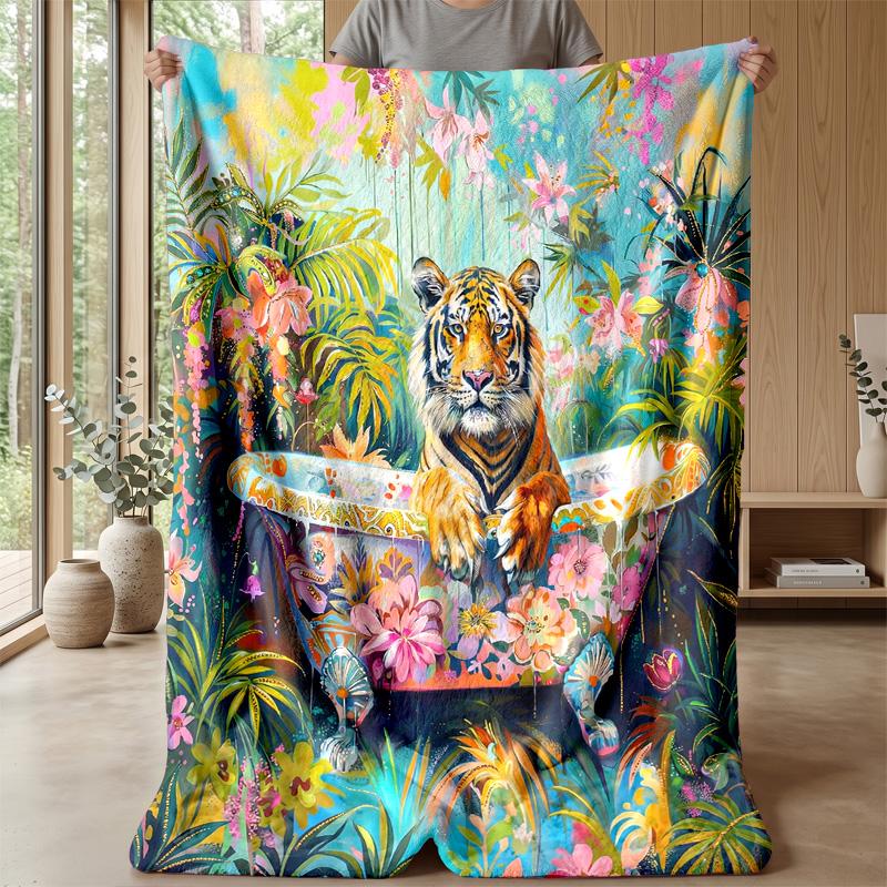 Tiger in Autumn Leaves Theme blanket Lightweight Warm Flannel Blanket Decorative Throw Blanket for Home Decoration