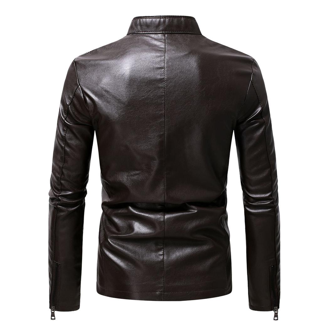 Autumn and winter youth fashion trend casual slim personality men's stand-up collar velvet thickened leather jacket