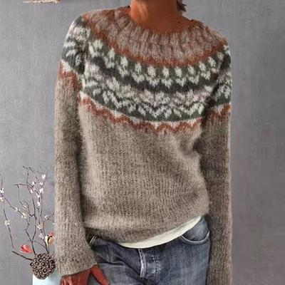 Women Sweater Round Neck Long Sleeve Patchwork Color Knitting Tops Loose Fit Elastic Warm Knitwear Daily