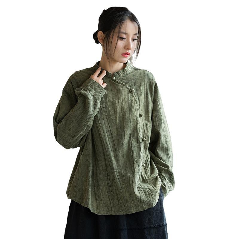 Women's Long-Sleeve Hand-Dyed Ramie Cotton Top with Button Accents - Spring Sun Protection