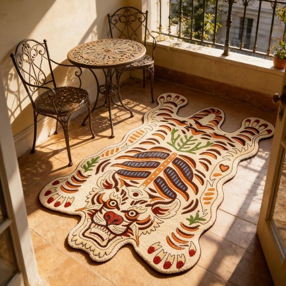 2D Flat Tiger Tiger Carpet Non Slip Creative Floor Mat Retro Area Rug  For Children