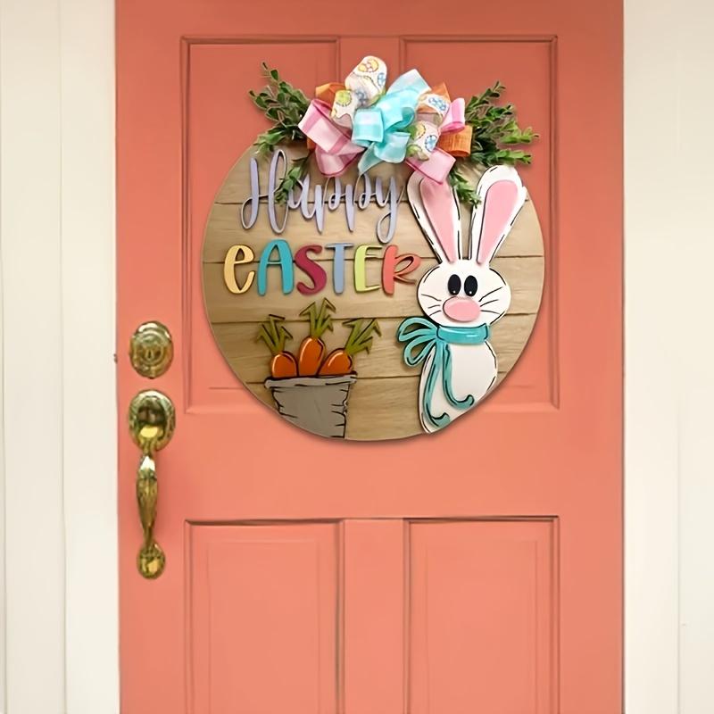 Wooden Easter Bunny Door Decoration with 3D Rabbit & Floral Wreath-Happy Easter Lettering,Spring Welcome Door Hanger,Party Decor