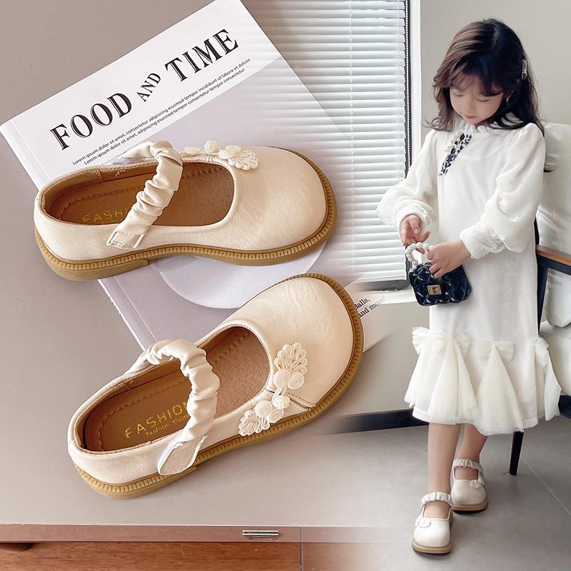 Girls Flat Shoes Chinese Style Kids Leather Shoes Pu Pleated Round Toes 2025 Spring Autumn Girls Princess Shoes Sweet Ins Trendy