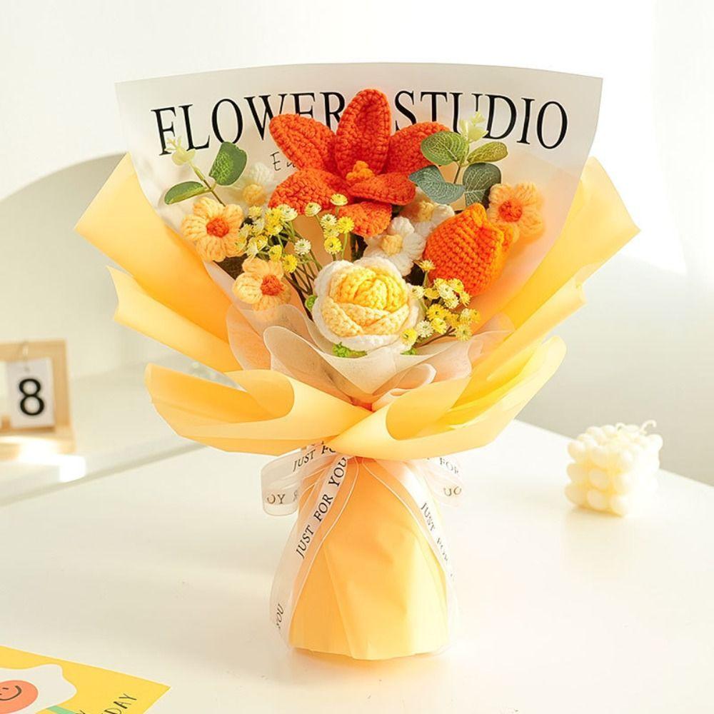 New Cotton Crochet Bouquet Sunflower Rose Woven Knitted Flower DIY Handmade Artificial Handmade Woven Bouquet Graduation Gifts