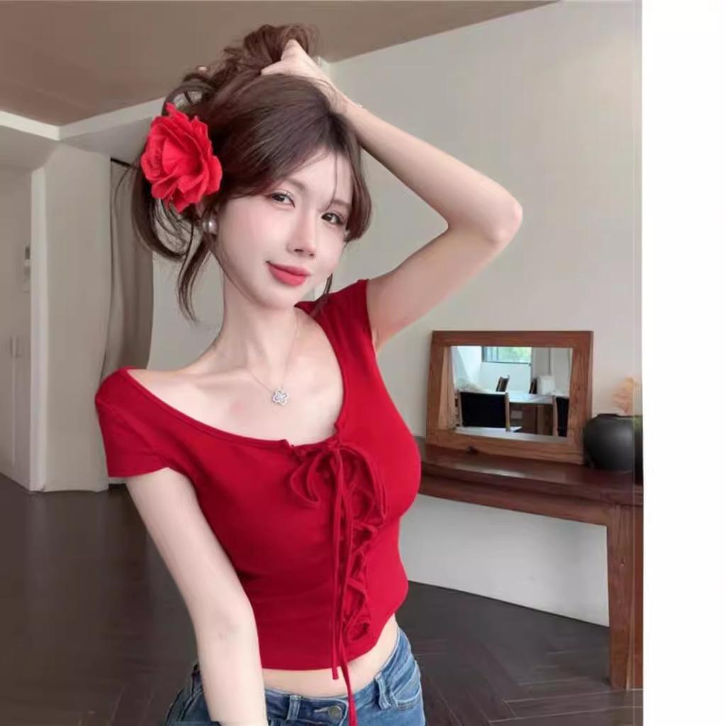 Temperament High Street Personality Chic Pure Desire Spice Girl Sexy Lace-up U-Neck Niche Design Sense Short Sleeve Slim T-Shirt Women's Summer