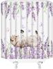 Funny Cat with Flower Shower Curtain Purple Lavender Butterfly Kitty Lover Valentine's Day Rustic Floral Wooden Board Romantic