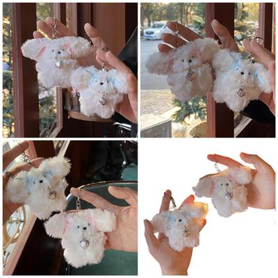 Cute Cartoon Rabbit Keychain Plush Animal Doll with Pearl Heart Bowknot Pendant Keyring Bag Charm Backpack Decor Car Key