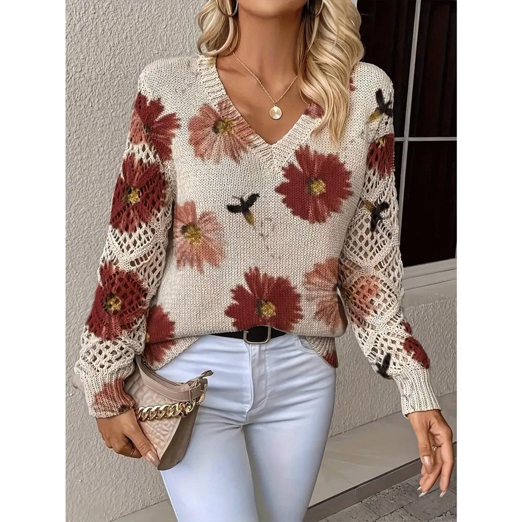 Elegant Autumn and Winter, Bohemian, Western-style Versatile Pullover V-neck Long Sleeved Women's Top, Trendy Women's Knitted Sweater