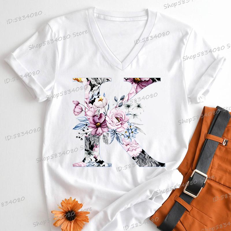 Watercolor Letter C Print Women Vneck Tshirts 26 Initials Flower Retro Classic Tops Alphabet Floral Womens Birthday Gift Tees