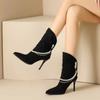 Women Pointed Toe Chelsea Boots Luxury Pearl Chain High Heels Shoes Winter New Designer Sexy Pumps Suede Goth