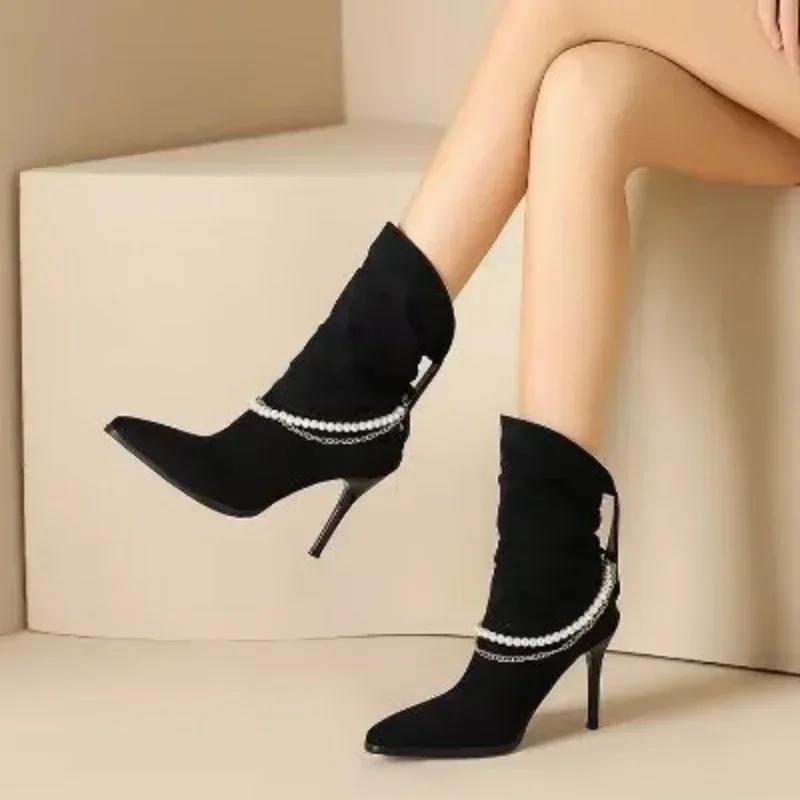 Women Pointed Toe Chelsea Boots Luxury Pearl Chain High Heels Shoes Winter New Designer Sexy Pumps Suede Goth
