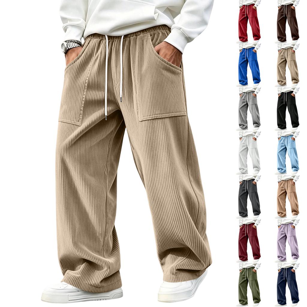 Men's Corduroy Pants Loose Fit Straight Leg with Elastic Waist for Casual Everyday Wear