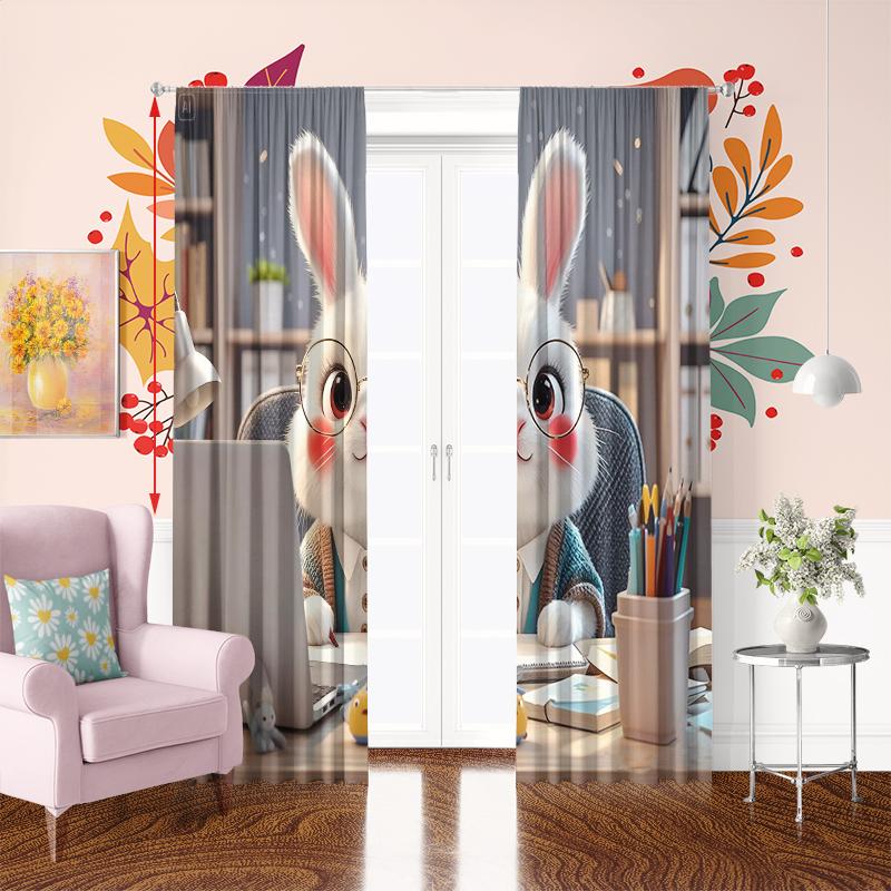 2pcs - Working Rabbit - Printed curtain, polyester semi-transparent - suitable for home decor (excluding poles)