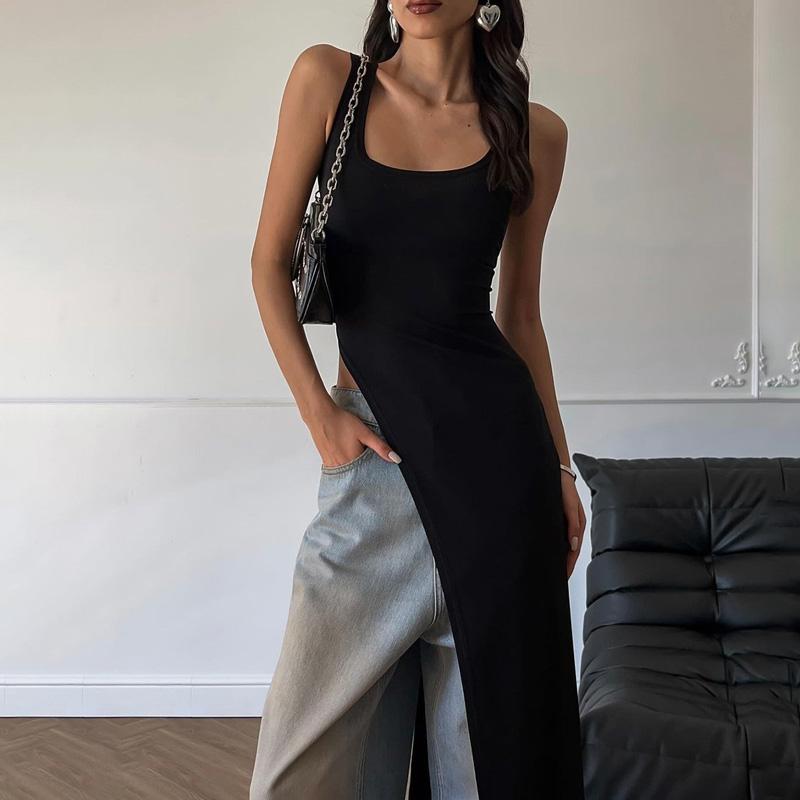 2025 Sexy Sleeveless Side High Split Dress Solid Backless Women Midi Dresses Summer Party Club Streetwear Clothes Y2K