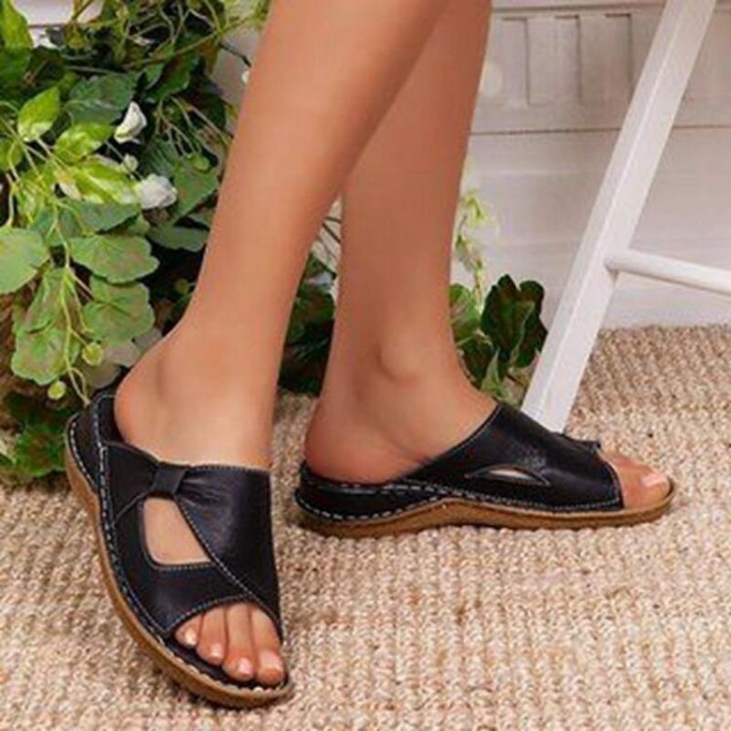 Large size flat-bottomed slippers summer new hollow fish mouth cool slippers wedge heel one-word slippers