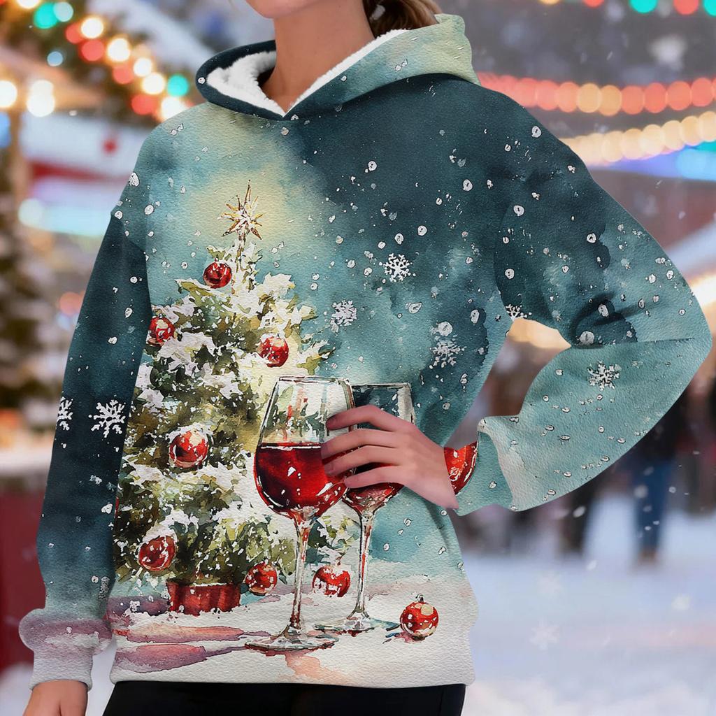 Women's Fashionable Casual Long-Sleeved Christmas Print Fleece-Lined Thick Hooded Sweatshirt