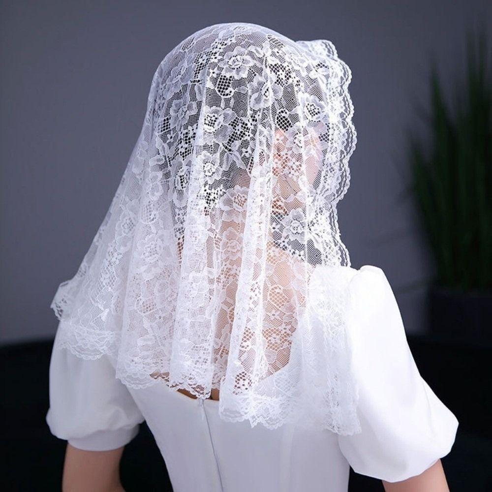 Flower Embroidered Chapel Veil Spanish Style Lace Edge Bridal Lace Headscarf Romantic Traditional Vintage Lace Head Covering