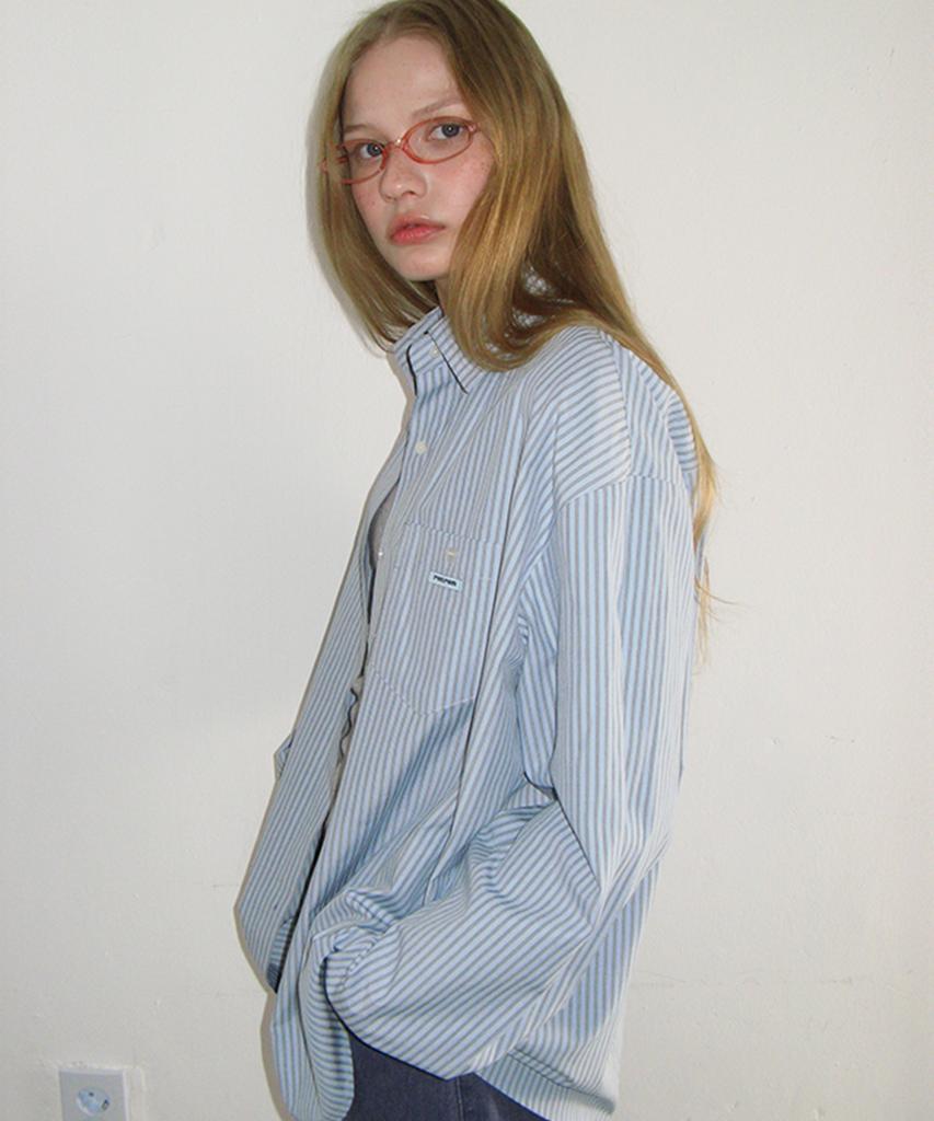 RONRON Button Pocket Oversized Shirt Blue Stripe