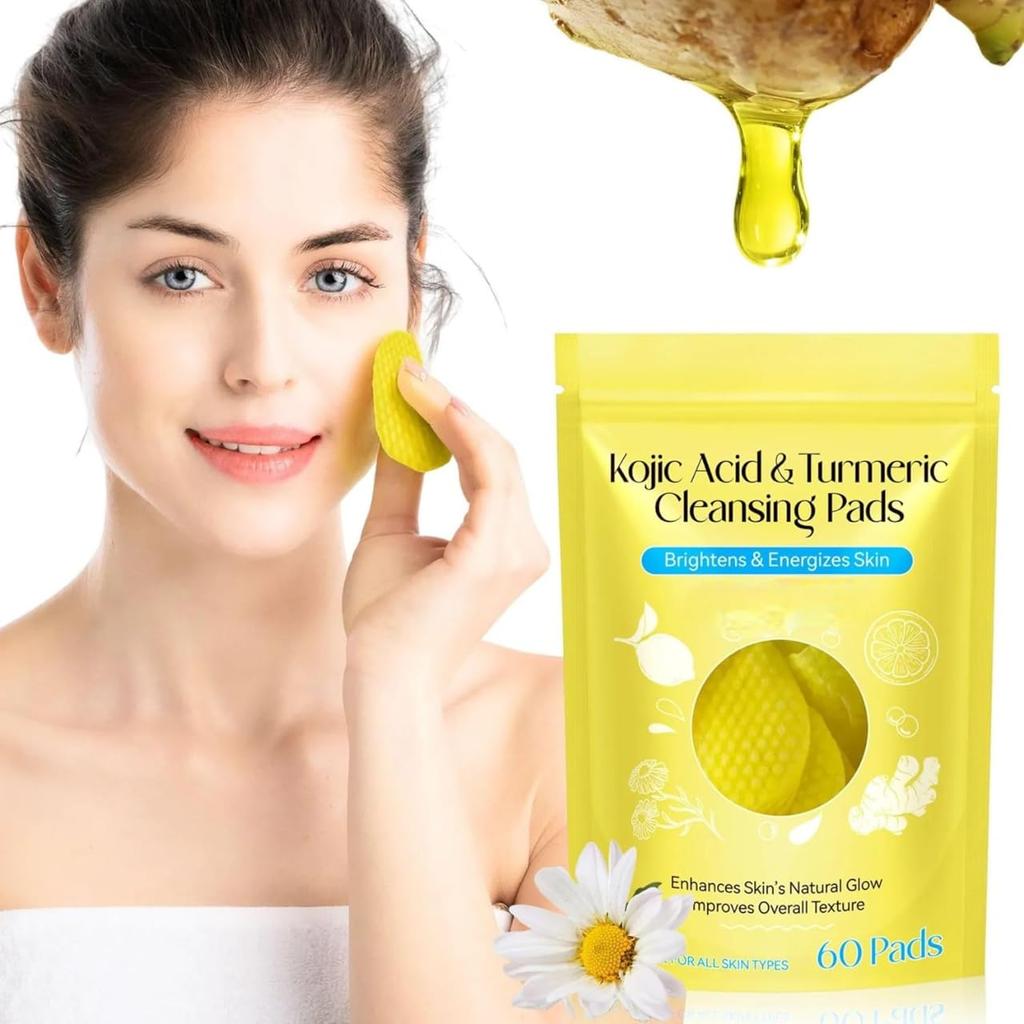 Lovelyduo Kojic Acid and Turmeric Cleansing Pads for Face - Dark Spot Remover, Skin Brightening & Gentle Exfoliating Facial Pads with Vitamin C for