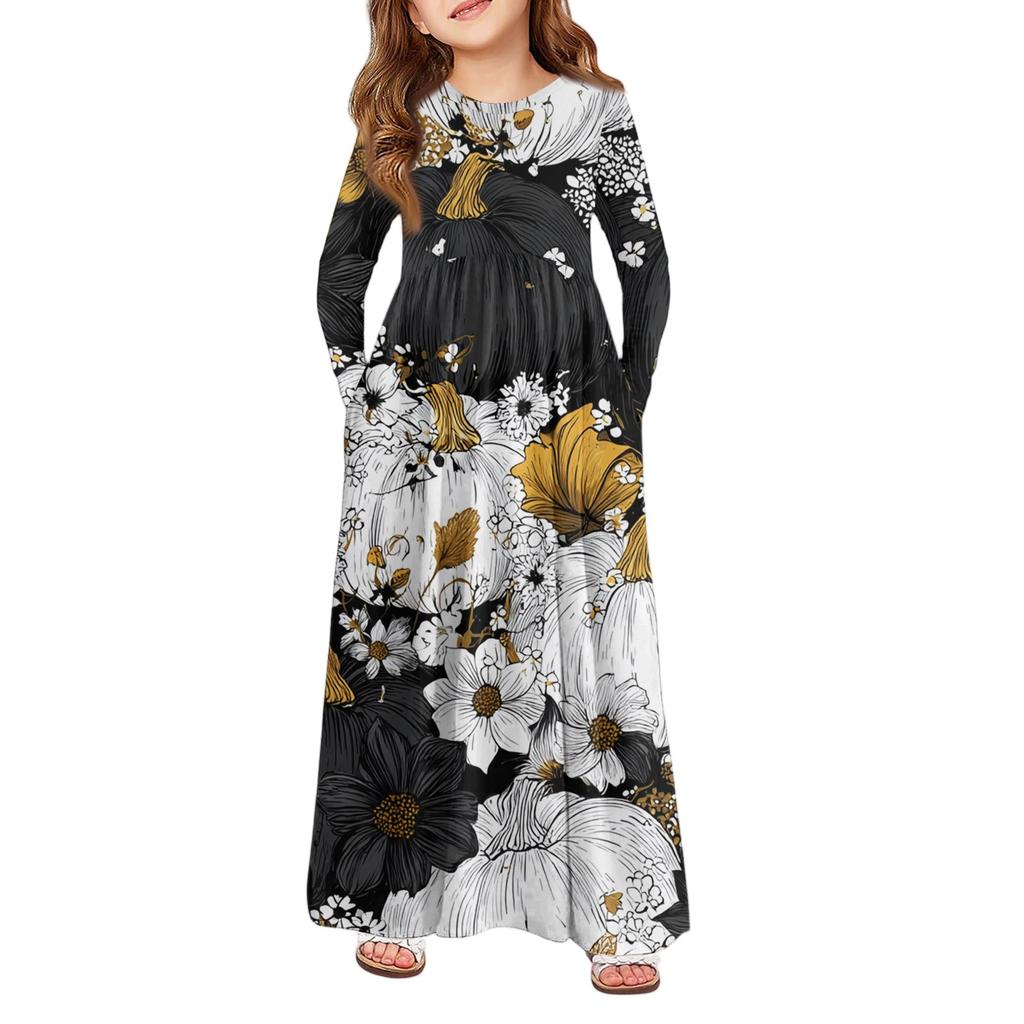 Girls' Maxi Dress Halloween Day- Long Sleeve Pocket Dress