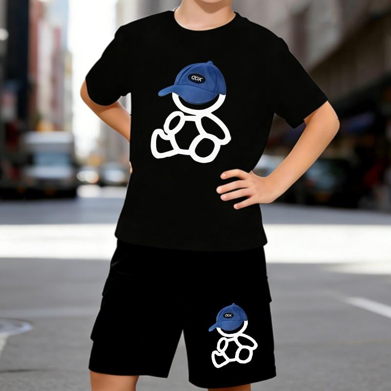

Boys 2 Piece Cartoon Bear Print outfit, Short Sleeve T-Shirt and Shorts Set for Kids Age 5-14,Black ,White Sporty Casual Summer Clothes 5-6 Years чёрный