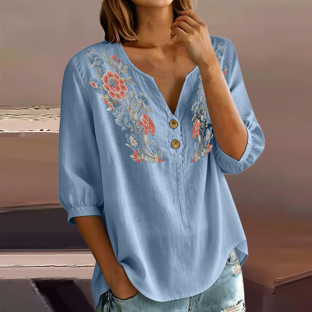 Women Floral Pattern Henley Button Neck Shirt Three Quarter Sleeve Loose Fit Linen Cotton Blouse Casual Top for Daily Wear