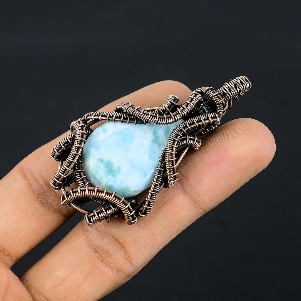 Larimar Pendant Gemstone Jewelry, 999 Copper Wire Wrapped Pendant, Handmade Jewelry Birthstone Pendant, Gift For Him