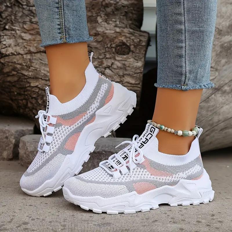 Women's Color Blocked Casual Sports Shoes, Flight Woven Breathable Lace Up Running Shoes, Fashionable Mesh Platform Casual Shoes