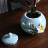 Handmade Ceramic Relief Flower Pattern Tea Caddy Sealed Storage Tea Canister Living Room Coffee Storage Jar Kitchen Teaware
