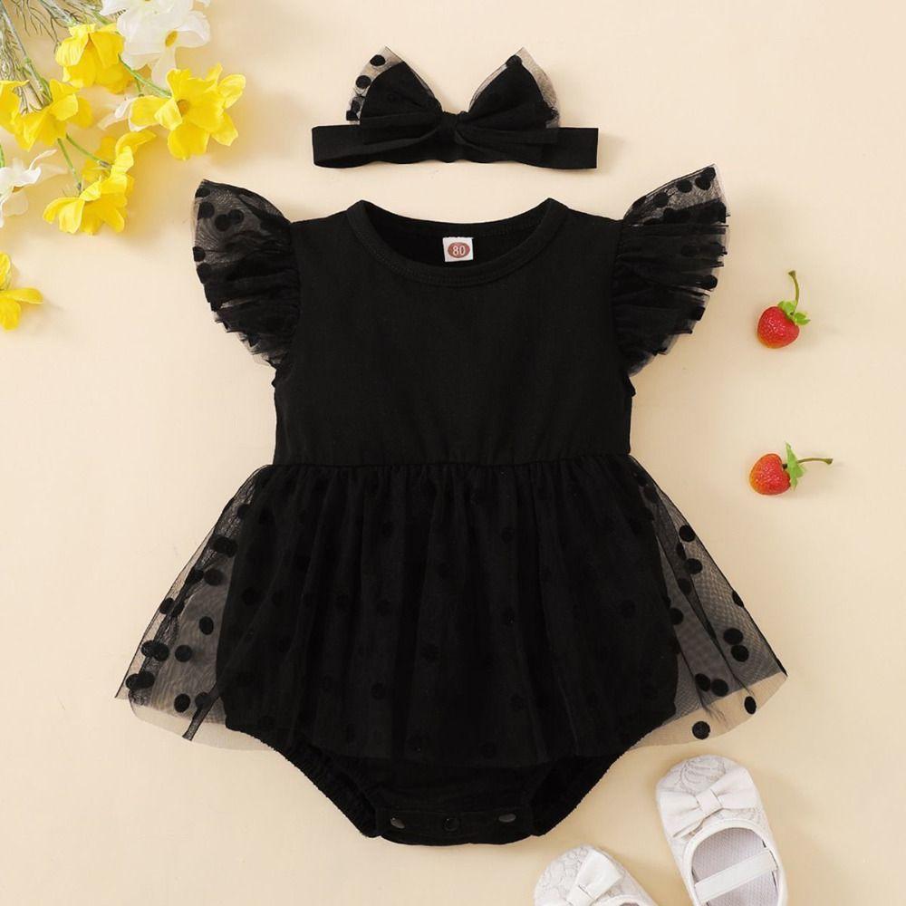 Lace Mesh Baby Girl Bodysuit Cotton Infant Dress with Headband Baby Girl Princess Dress  Birthday