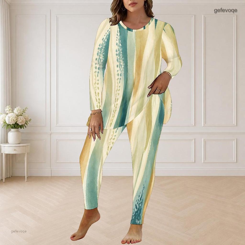 Women Plus Size Round Neck Long Sleeve Printed Blue Longline Top Fitted Pants Two Piece Set