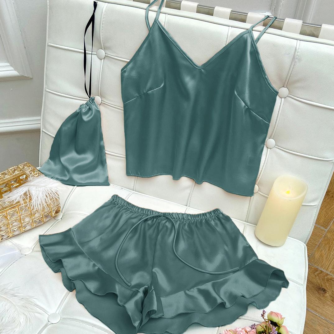 

Женская пижама, комплект из трех предметов, весенне-летний кимоно, банный халат, топ на бретелях и шорты, пижамный костюм, сексуальная свободная атласная домашняя одежда XL