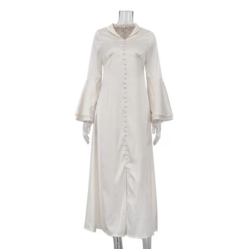 

Fashion Wind New Arrival Women s Clothes Flared Sleeves Multi-Breasted Stylish Silm Dress Flare Sleeve Dress Beige S