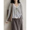 Womens V-Neck Striped Knit Top Fake Two-Piece Long Sleeve Loose Fit T-Shirt Korean Style Fall Casual