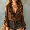 Women's V-Neck Ruffle Blouse Long Sleeve Casual Loose Fit Color Top