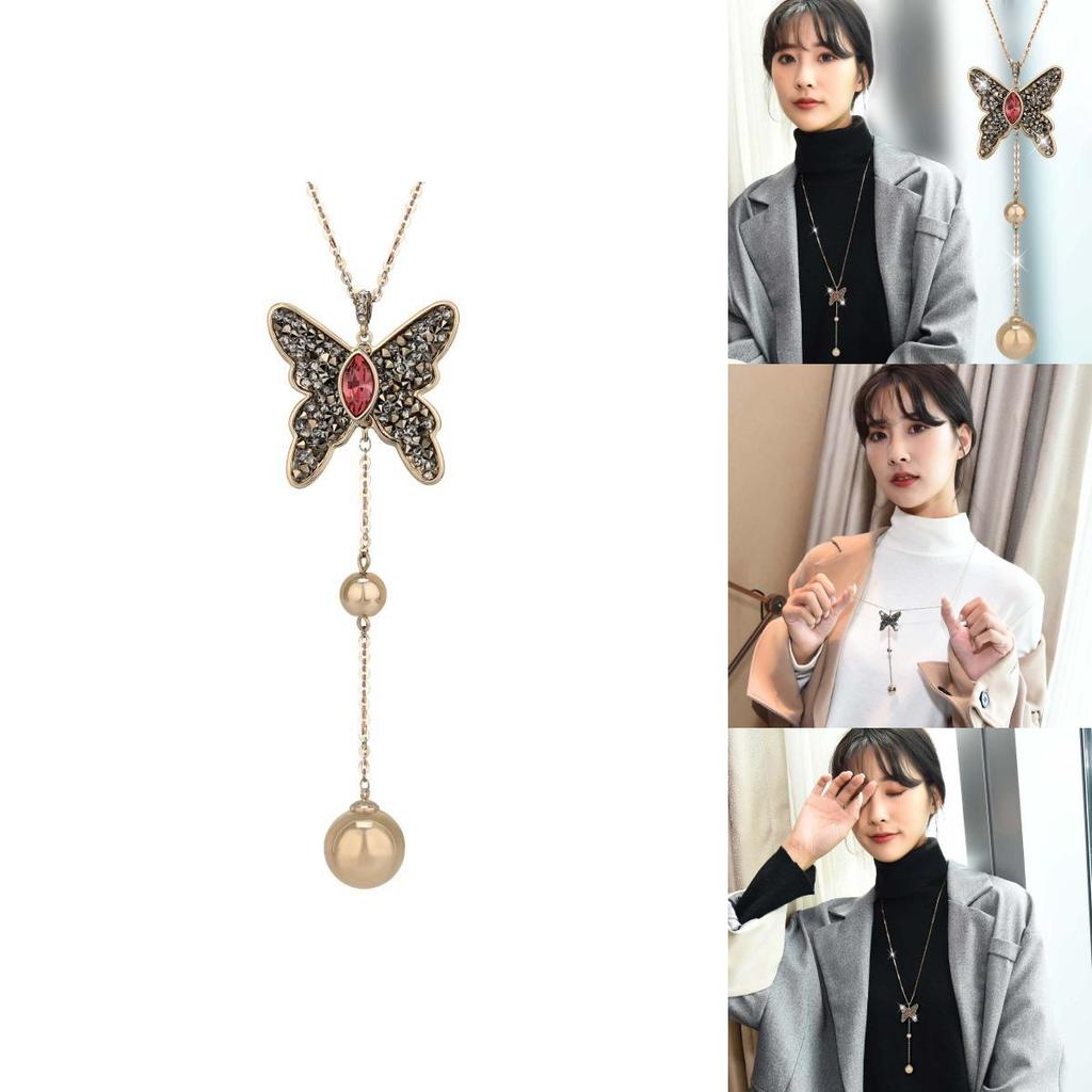 Elegantes Schmetterlings-Anhänger-Langhalskette für Damen im stilvollen koreanischen Design mit Edelsteinakzenten