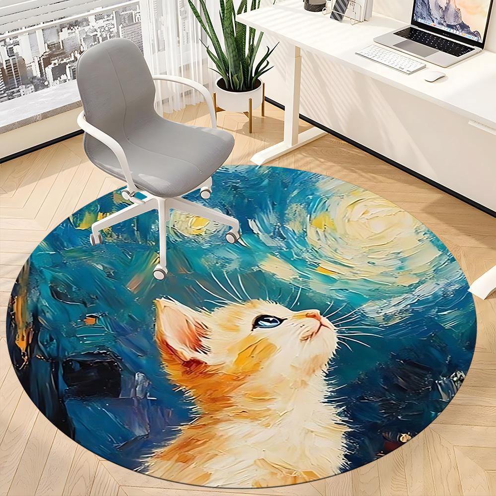 1pc Cat Night Office Round Area Rug, Mat Suitable For Office, Under Office Chairs Bedroom Living Room Home Decor, Room Deco