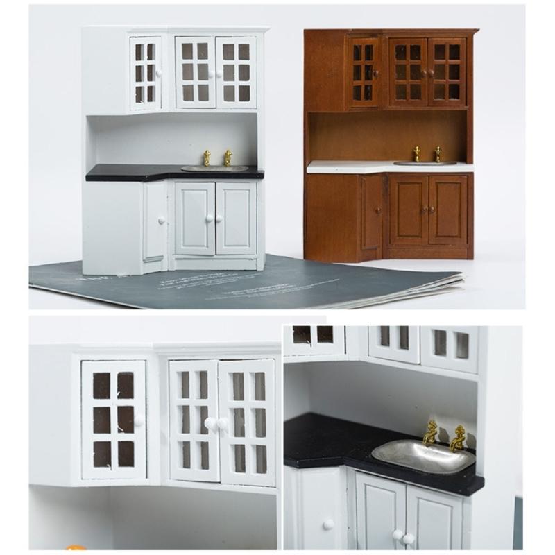 1/12 Dollhouses Kitchen Cabinet Miniature Furniture with Sink Craft Project Model Kitchen Room Scene Decorative Accessory