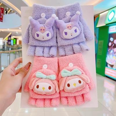 Plush Flip-top Children's Gloves for Women, Cute Universal Knitted Fingerless Coral Velvet Cartoon Gloves, Children's Gloves