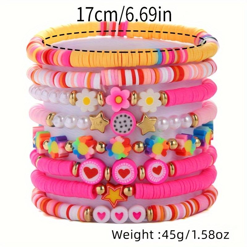 8pcs Sweet Flower Heart Pink Polymer Clay Layered Bracelet Set, Valentine Music Festival Party Jewelry for Women