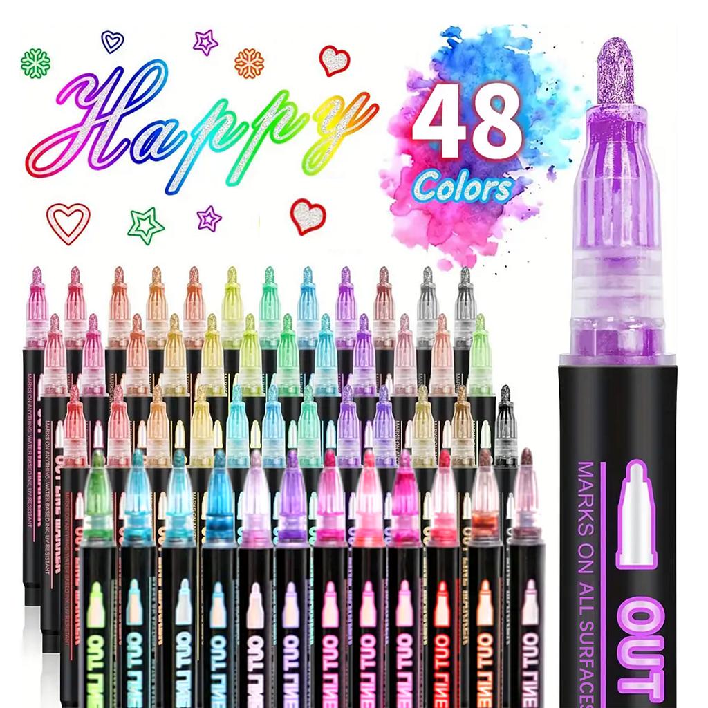 8/12/24/36/48 Colors double line outline Metallic Highlighter marker pens, Squiggles Double Line Pen, Magic Glitter Drawing Pens