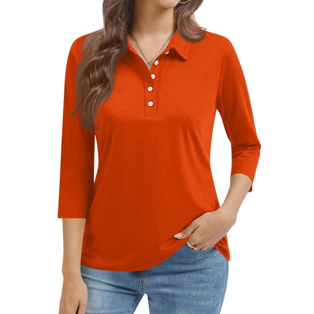 Women's Fashion Casual Lapel Short 3/4 Sleeve Color Shirt Women's Button Up Tops