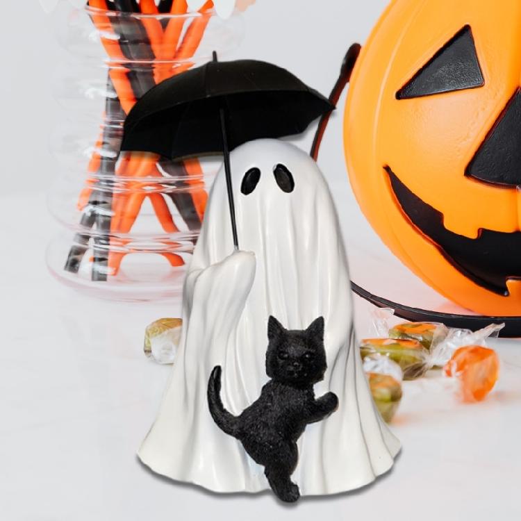 Estatueta Miniatura de Gatos Fantasmagóricos e Pretos Resinas Ornamento Halloween Decorações Góticas Para Compactos Espaço de Convivência Escritório Área de Trabalho