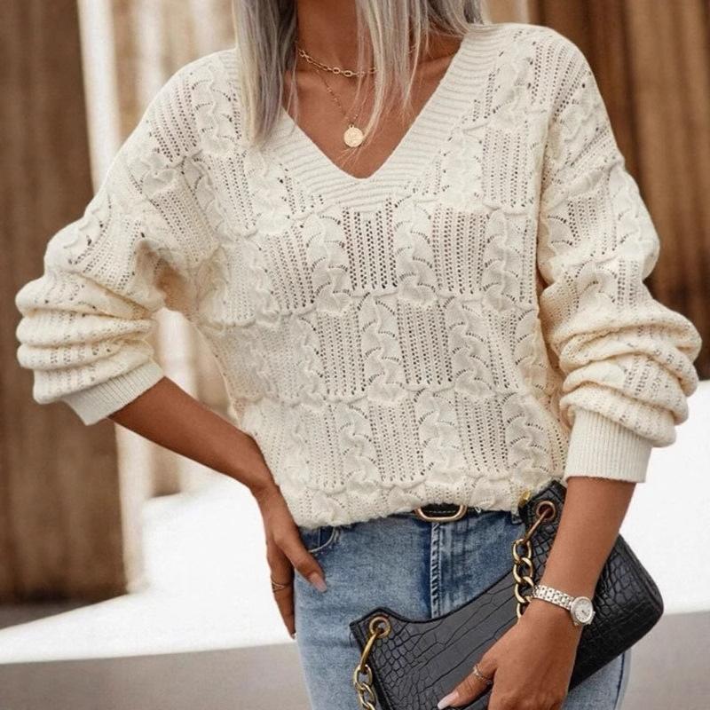 Fashion Women's Sweater, European and American Foreign Trade V-neck Back Hollow Lace-up Knitted Versatile Top Women
