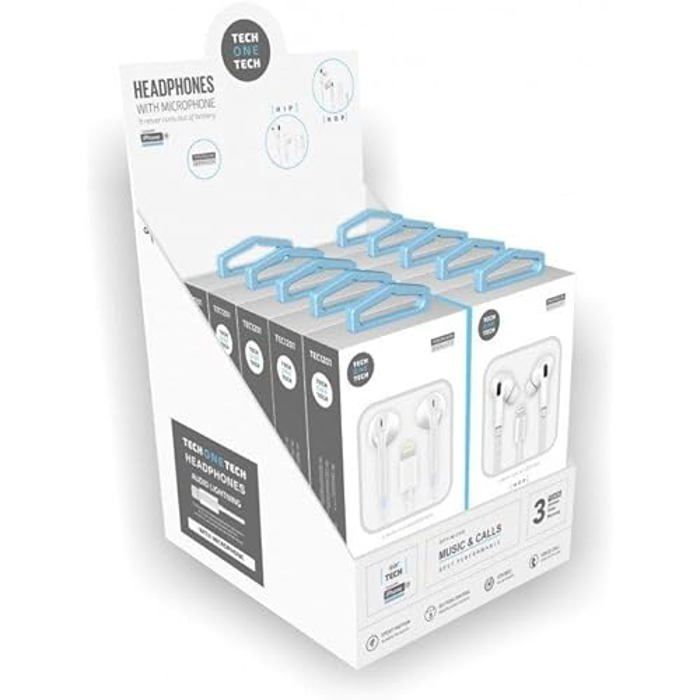 EarTech TEC1203 Headphone Display with Microphone and Lightning Connector - 10 White Headphones Included
