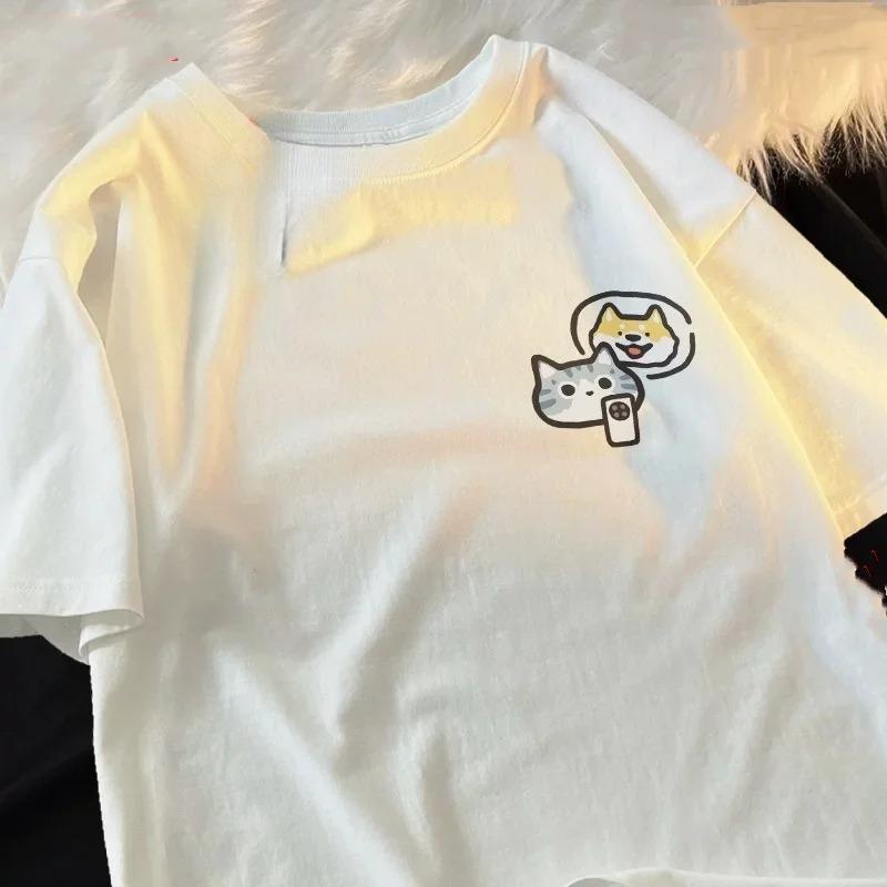 Cat Dog and Mobile Phone Print Women Round Neck Short Sleeve Soft Comfortable Streetwear Summer Fashion Women Clothes
